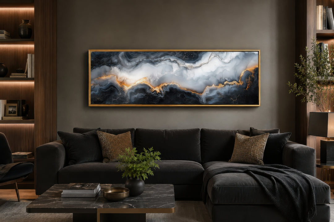 Long horizontal framed canvas wall art with black, white, and gold marble abstract painting.