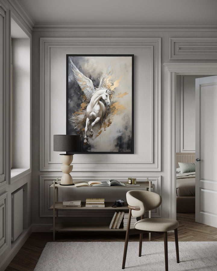 Black White Gold Pegasus Framed Canvas Wall Art