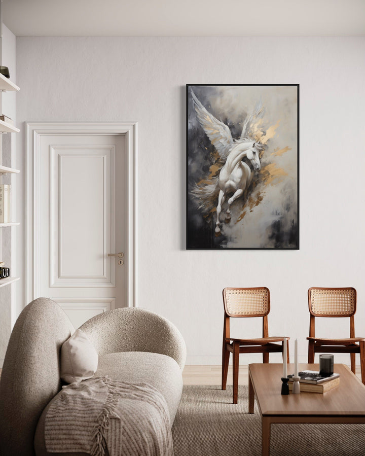 Black White Gold Pegasus Wall Art in living room