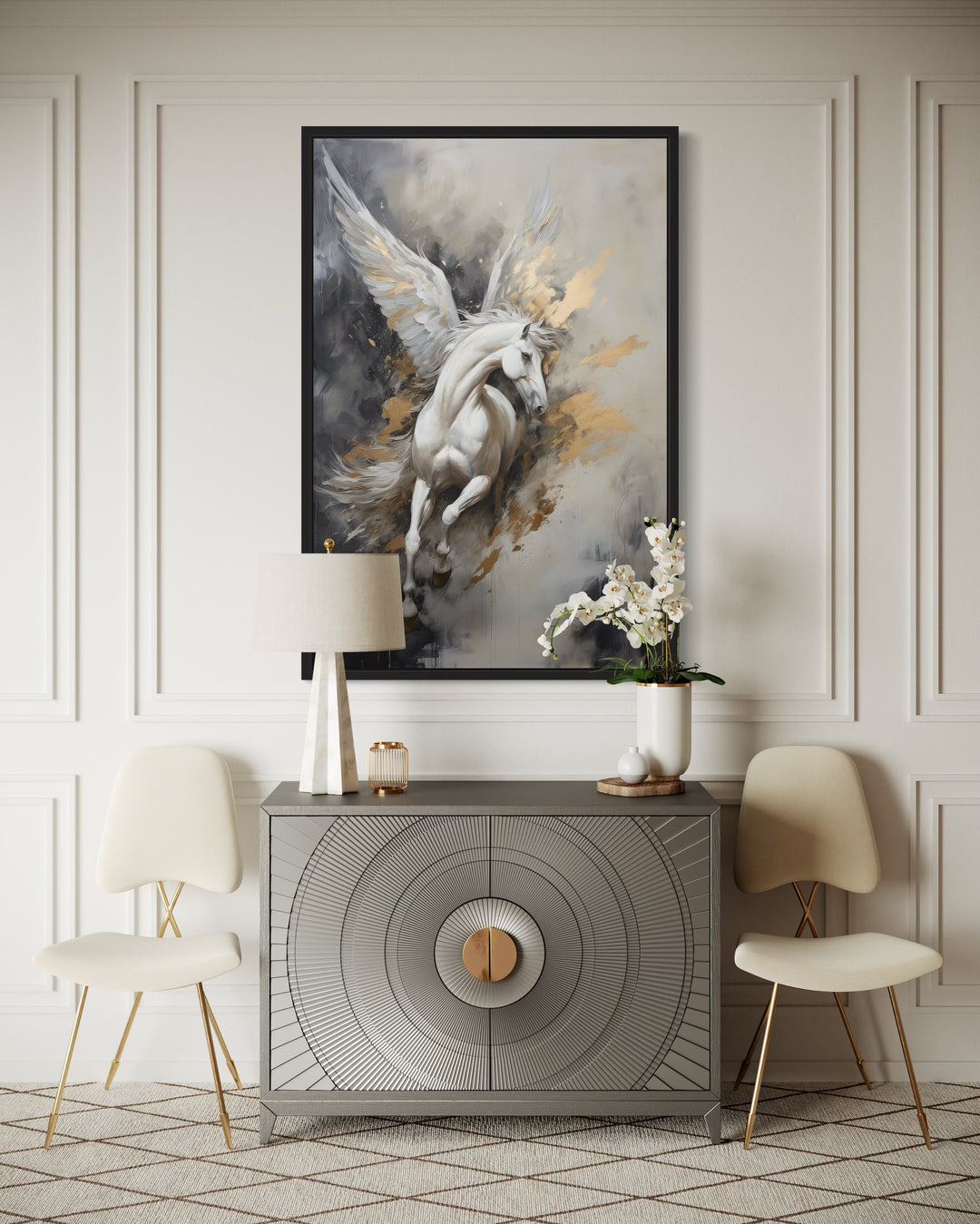 Black White Gold Pegasus Framed Canvas Wall Art