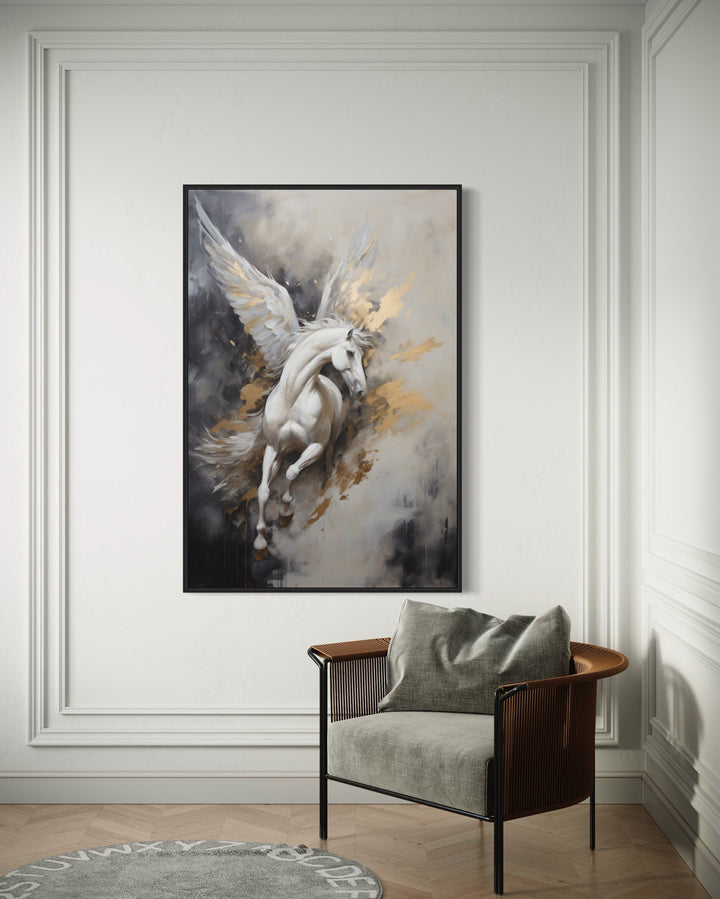 Black White Gold Pegasus Framed Canvas Wall Art-Wall Decor Delights