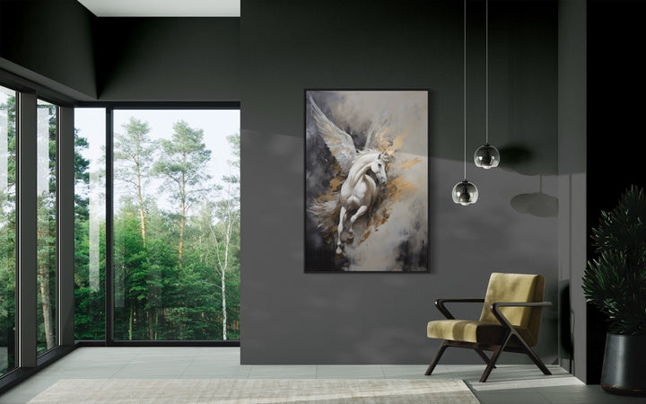 Black White Gold Pegasus Wall Art in large room