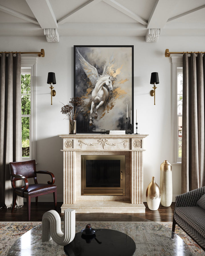 Black White Gold Pegasus Framed Canvas Wall Art