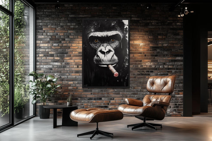 Black White Gorilla Smoking Cigar Canvas Wall Art