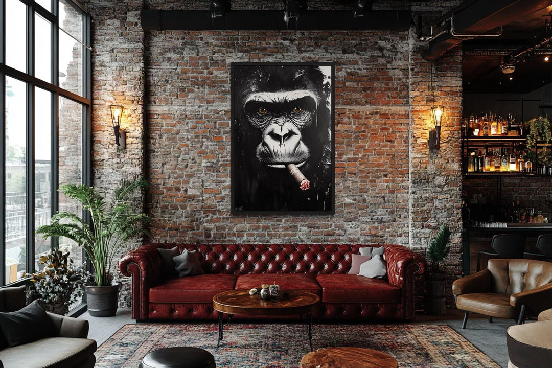 Black White Gorilla Smoking Cigar Canvas Wall Art