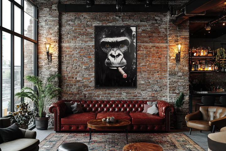 Black White Gorilla Smoking Cigar Canvas Wall Art
