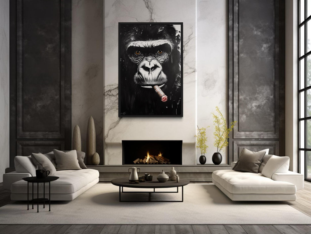 Black White Gorilla Smoking Cigar Canvas Wall Art