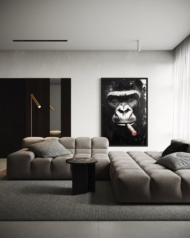 Black White Gorilla Smoking Cigar Canvas Wall Art