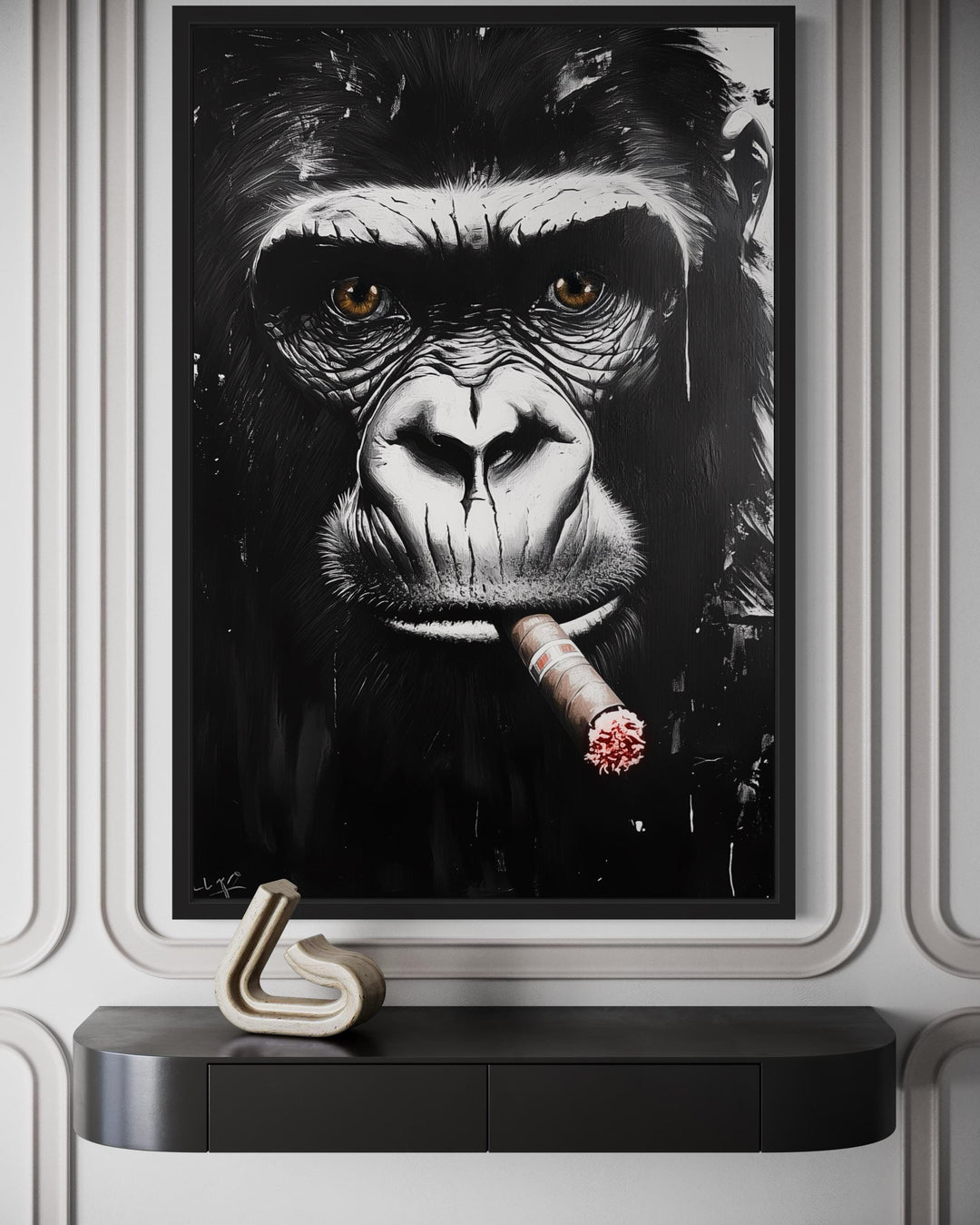 Black White Gorilla Smoking Cigar Canvas Wall Art