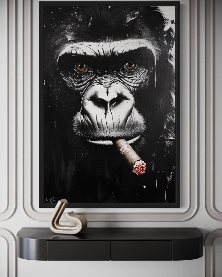 Black White Gorilla Smoking Cigar Canvas Wall Art