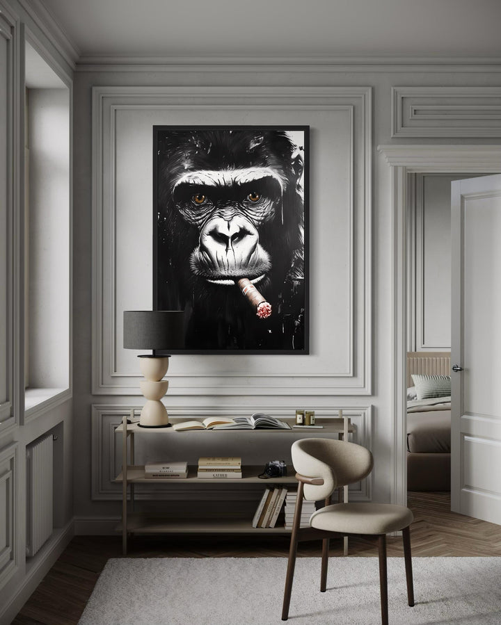 Black White Gorilla Smoking Cigar Canvas Wall Art
