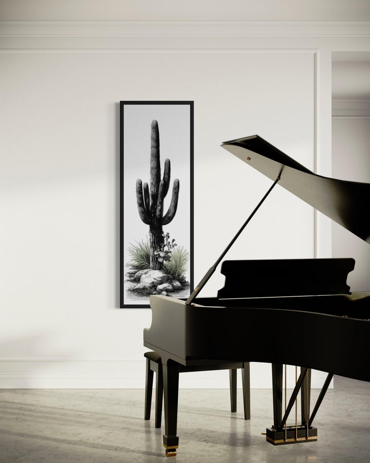 Tall narrow black and white saguaro cactus canvas art.