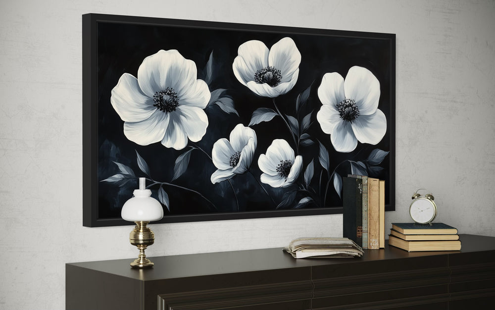 Black White Horizontal Flowers Framed Canvas Wall Art