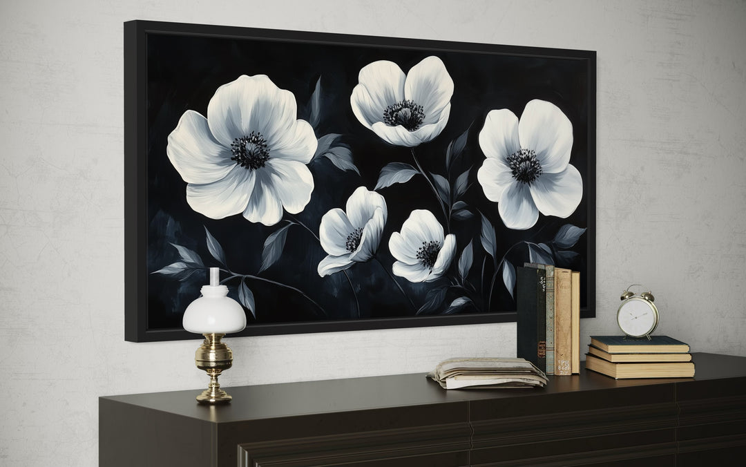 Black White Horizontal Flowers Framed Canvas Wall Art