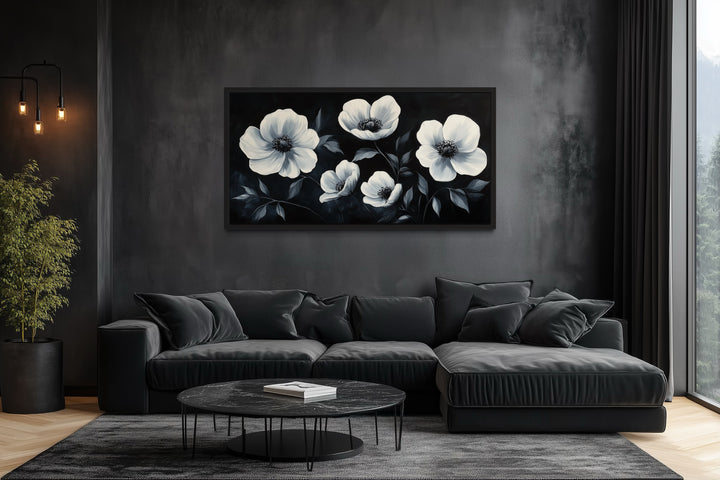 Black White Horizontal Flowers Framed Canvas Wall Art
