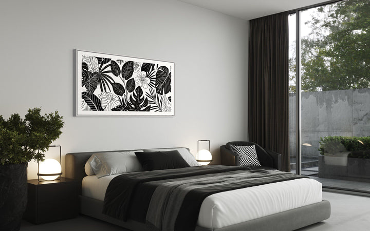 Black White Horizontal Flowers Framed Canvas Wall Art