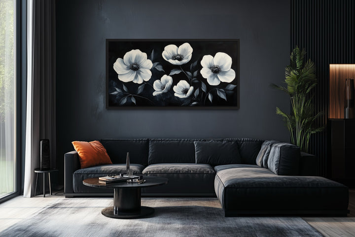 Black White Horizontal Flowers Framed Canvas Wall Art