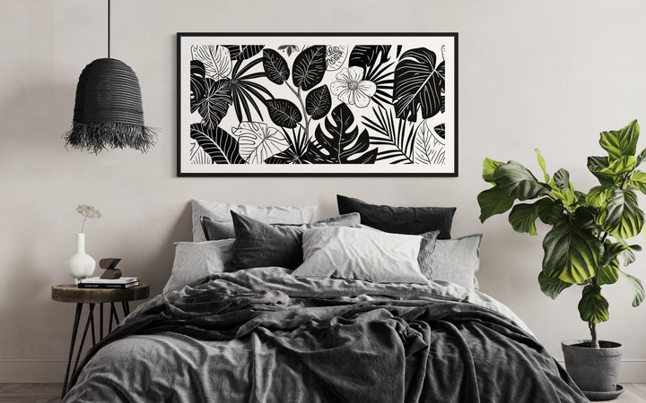 Black White Horizontal Flowers Framed Canvas Wall Art