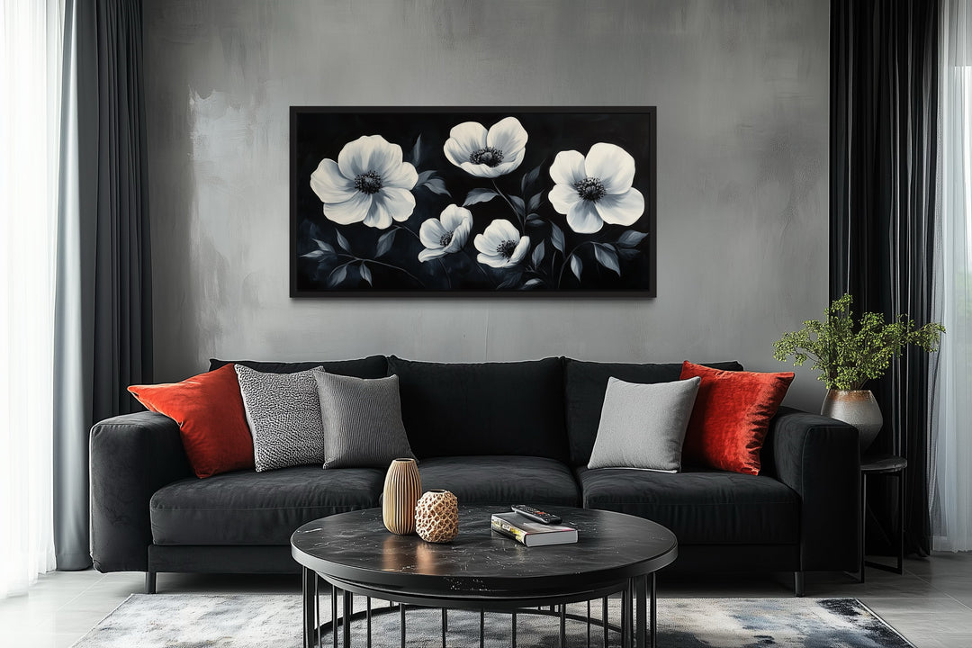 Black White Horizontal Flowers Framed Canvas Wall Art