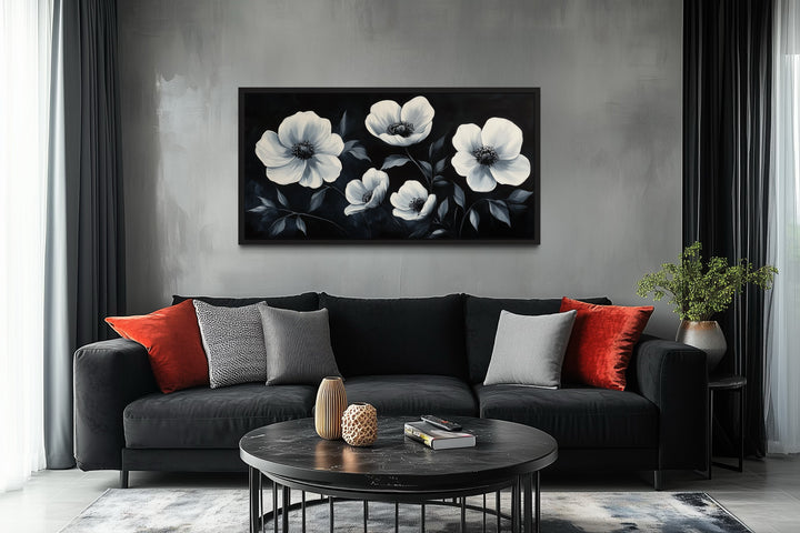 Black White Horizontal Flowers Framed Canvas Wall Art
