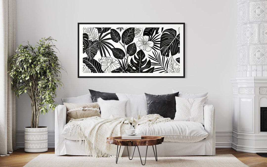 Black White Horizontal Flowers Framed Canvas Wall Art