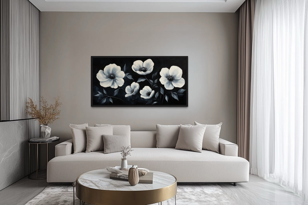 Black White Horizontal Flowers Framed Canvas Wall Art