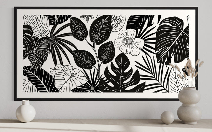 Black White Horizontal Flowers Framed Canvas Wall Art