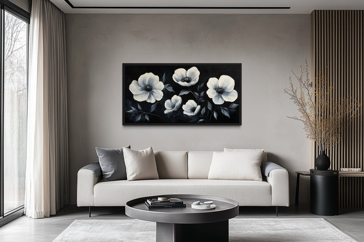 Black White Horizontal Flowers Framed Canvas Wall Art