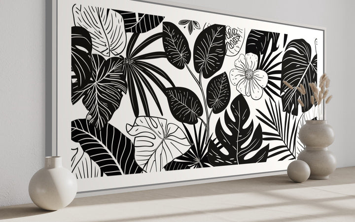 Black White Horizontal Flowers Framed Canvas Wall Art