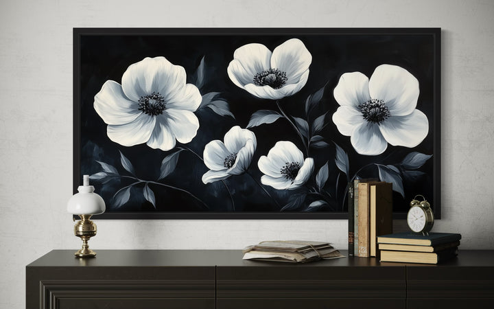 Black White Horizontal Flowers Framed Canvas Wall Art
