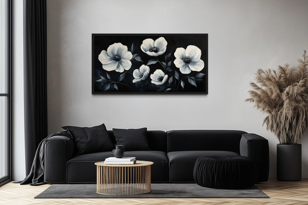 Black White Horizontal Flowers Framed Canvas Wall Art