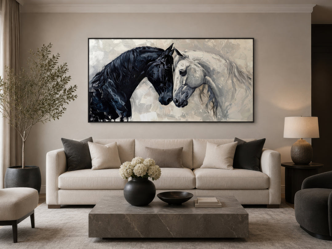 Framed canvas wall art of a black and white horse touching heads above a modern sofa.