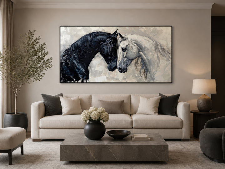 Framed canvas wall art of a black and white horse touching heads above a modern sofa.