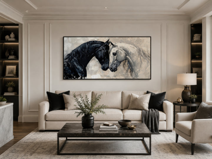 Framed canvas wall art of a black horse and a white horse touching heads above a beige sofa.