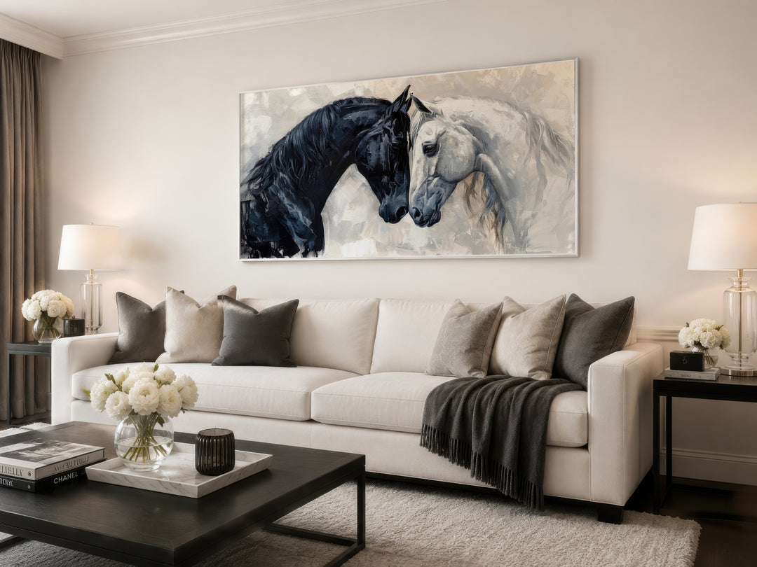 Framed canvas wall art of a black and white horse touching heads above a white sofa.