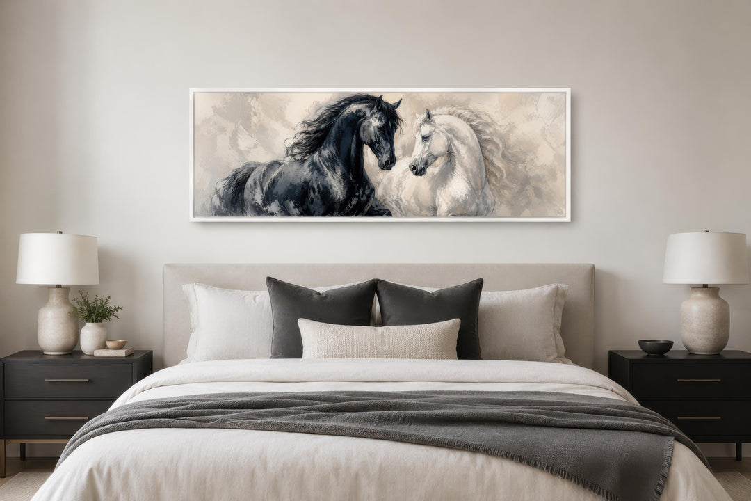 Long horizontal canvas print of a black and white horse in a romantic equestrian style above a bed.