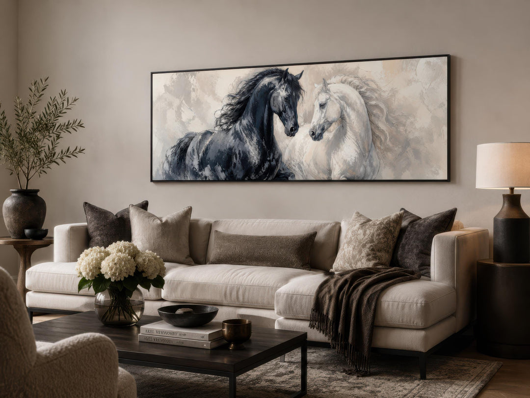 Black and white horse canvas art in a long horizontal frame above a modern neutral sofa.