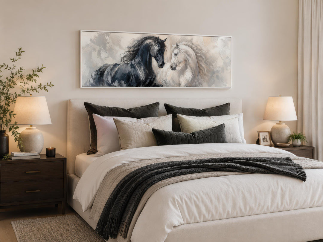Long horizontal canvas print of a black and white horse in a romantic pose above a bed.