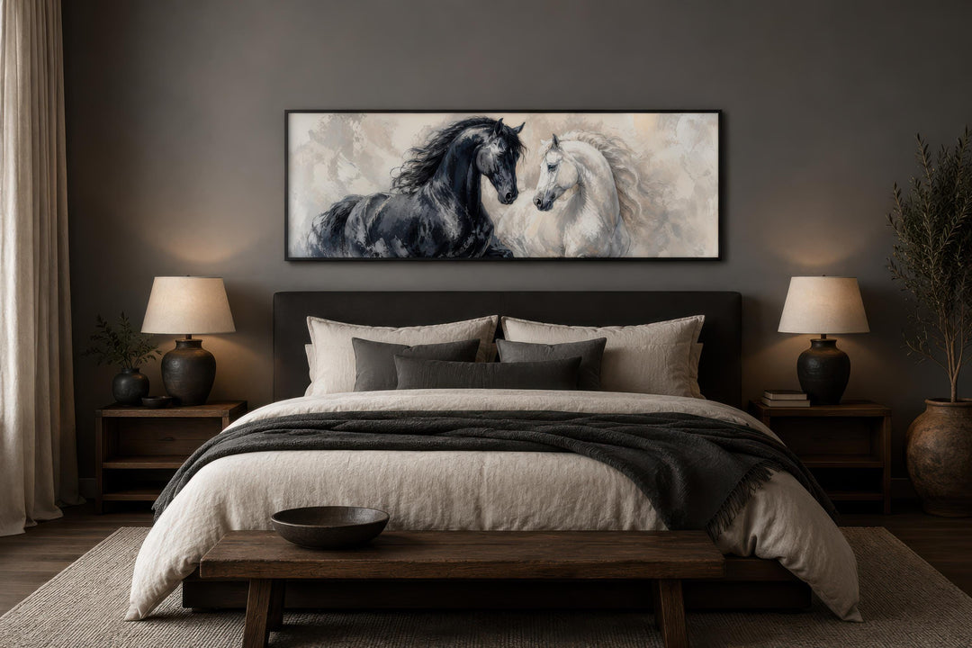 Long horizontal canvas print of a black and white horse in a romantic equestrian style.