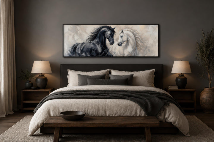 Long horizontal canvas print of a black and white horse in a romantic equestrian style.