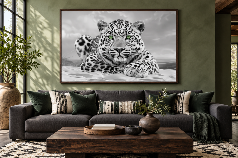 Framed black and white leopard photography with green eyes on a sage green wall above a dark sofa.