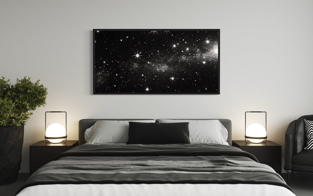 Black White Night Sky Art - Framed Canvas Print | Minimalist Celestial Wall Decor