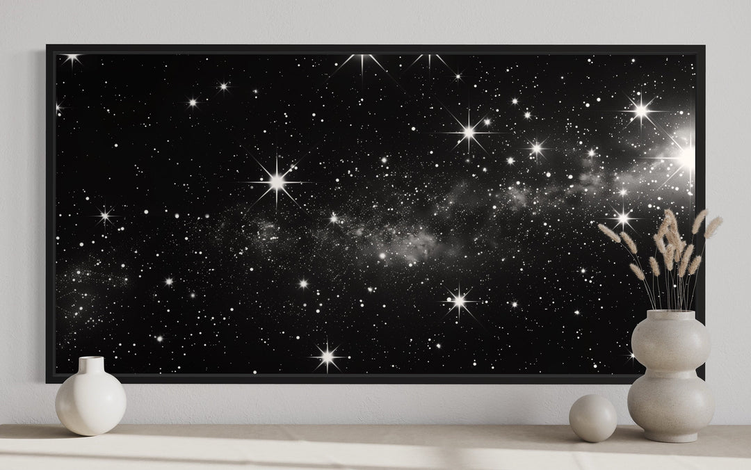 Black White Night Sky Art - Framed Canvas Print | Minimalist Celestial Wall Decor