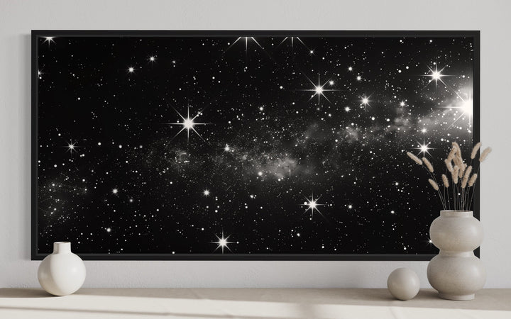 Black White Night Sky Art - Framed Canvas Print | Minimalist Celestial Wall Decor
