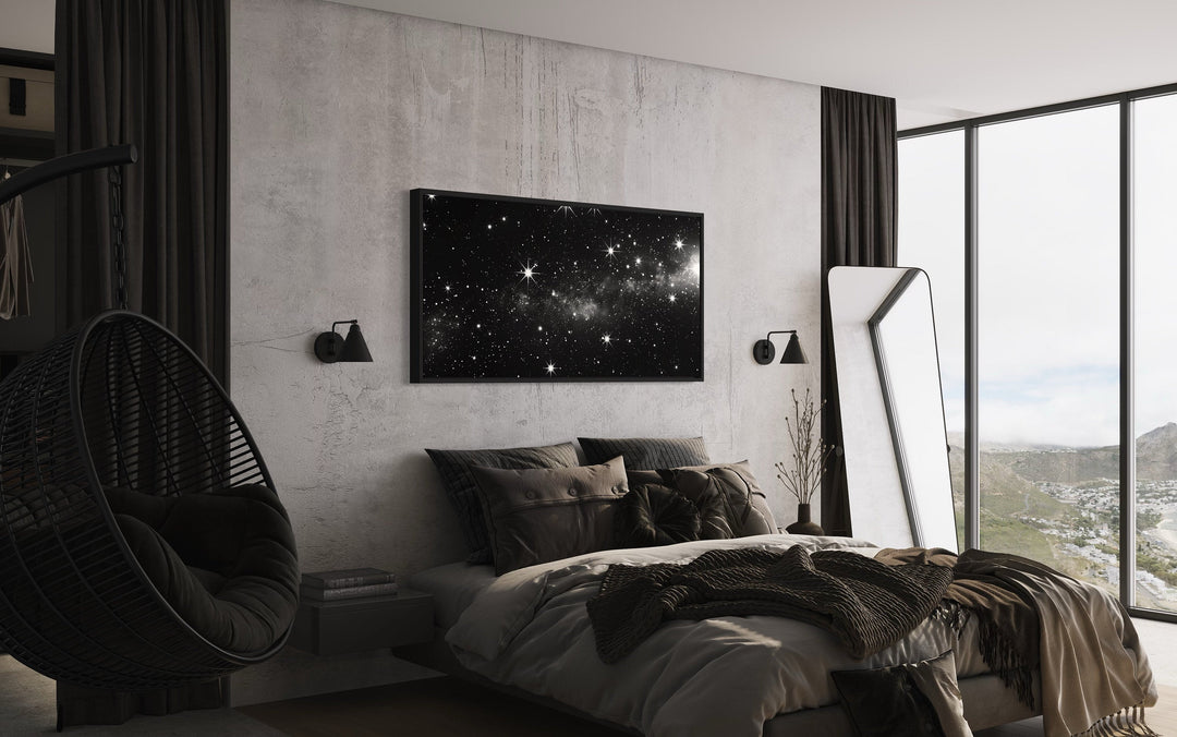 Black White Night Sky Art - Framed Canvas Print | Minimalist Celestial Wall Decor