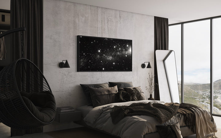 Black White Night Sky Art - Framed Canvas Print | Minimalist Celestial Wall Decor