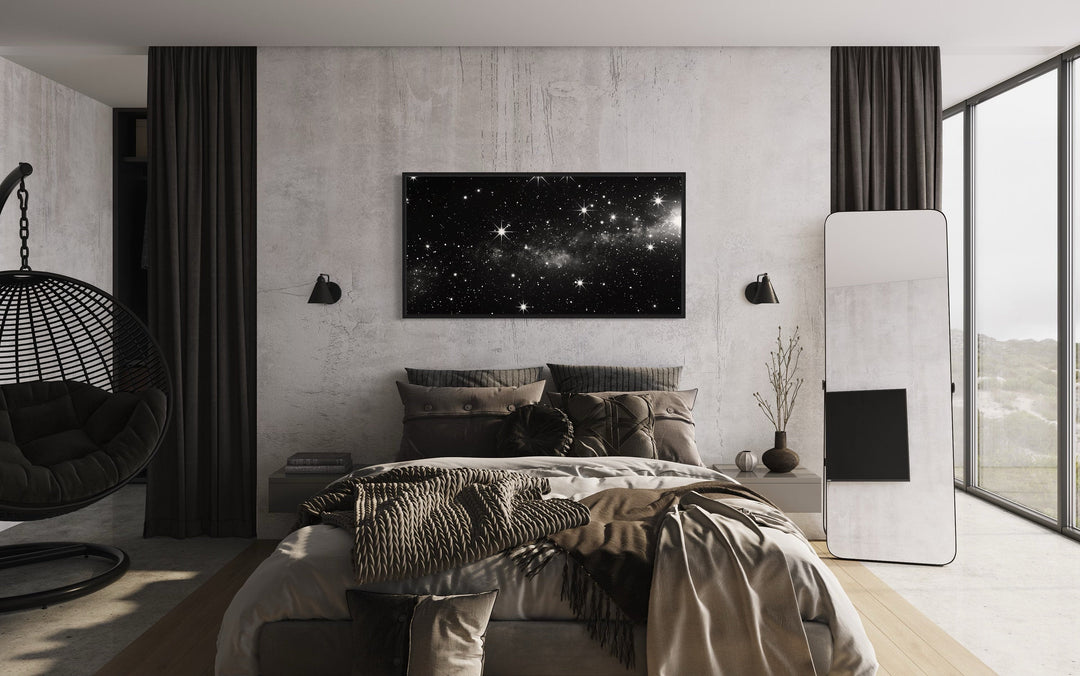 Black White Night Sky Art - Framed Canvas Print | Minimalist Celestial Wall Decor