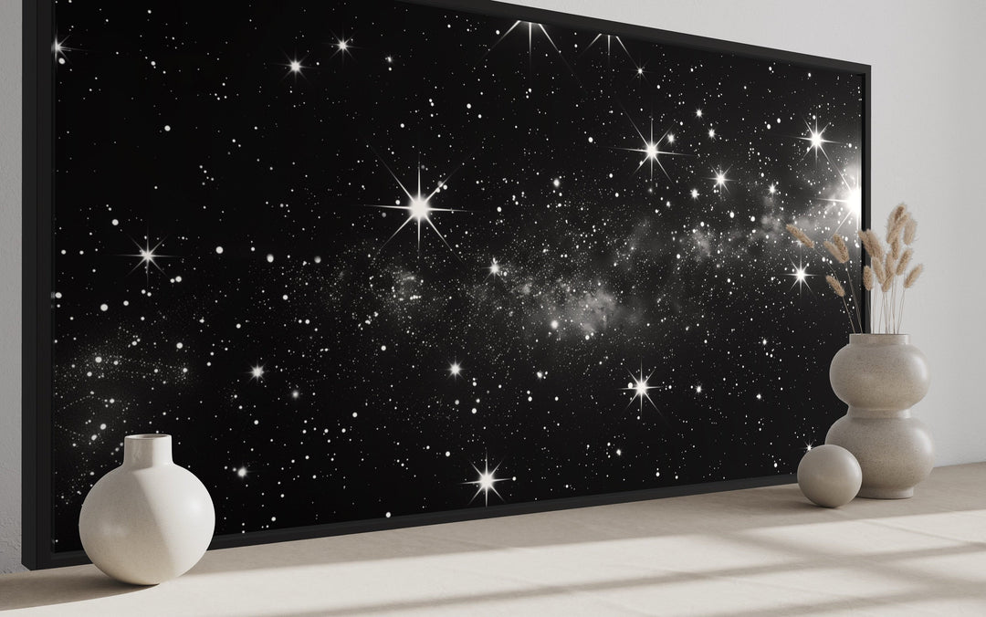 Black White Night Sky Art - Framed Canvas Print | Minimalist Celestial Wall Decor