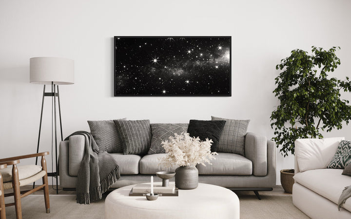 Black White Night Sky Art - Framed Canvas Print | Minimalist Celestial Wall Decor