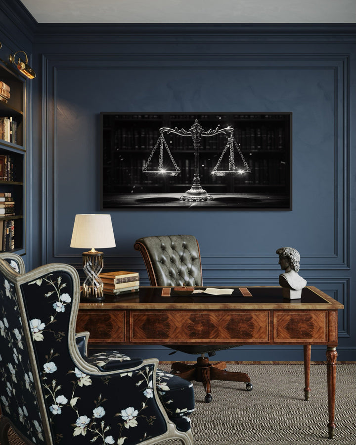 Black White Scales Of Justice Lawyer Framed Canvas Wall Art